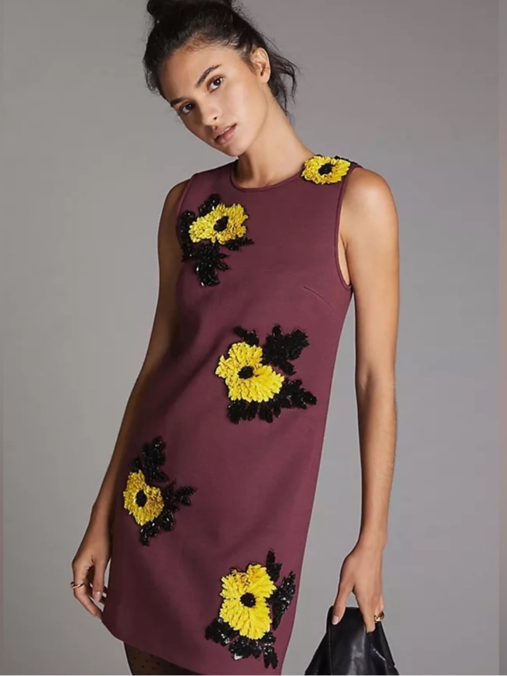 NWT Sleeveless Burgundy Mini Dress with Yellow Floral Embellishments